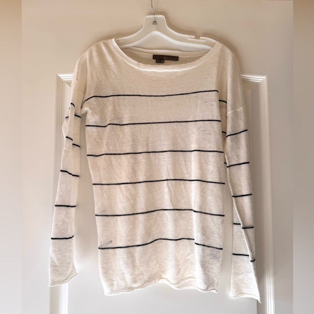 360 Sweater White Linen Stripped Open Back Sweater